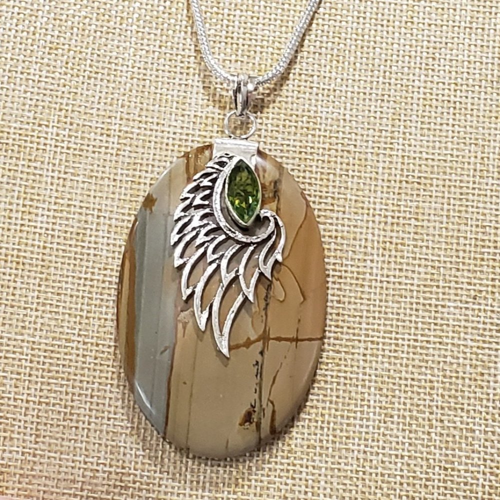 Unisex Handmade LRG Jasper, Peridot Gemstone 925 Long Pendant Necklace